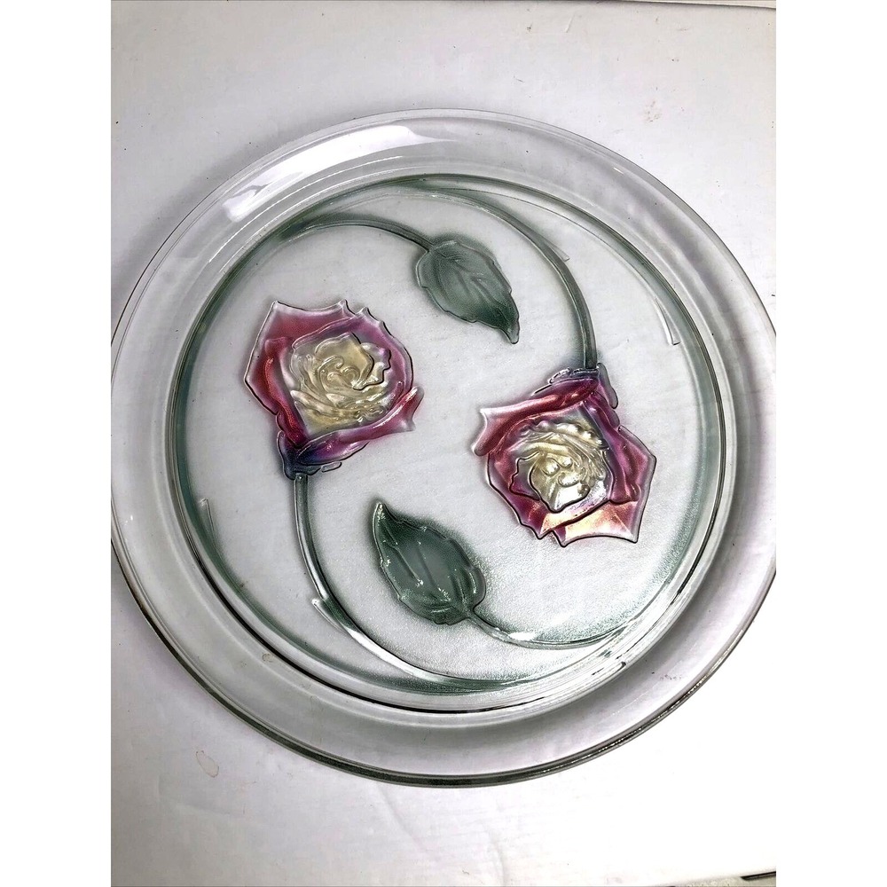 New  Indiana Glass Rainbow Mist Rose Platter 13" Pink Floral Serving Plate w/Box